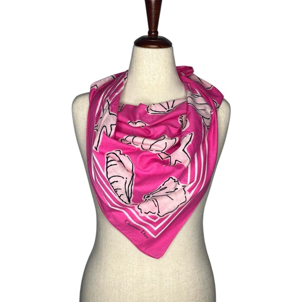1970s VTG Christian Dior Scarf Pink Seashell Cotton Square 30" Starfish Seahorse